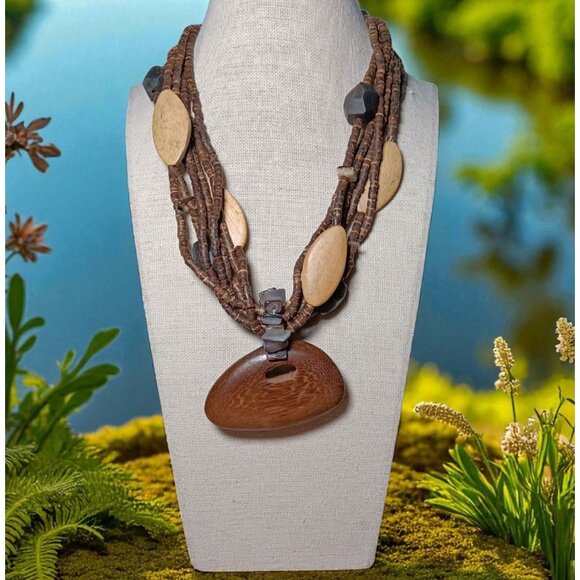 Wood Seed Agate Multi-Stand Choker Necklace w/ Wooden Pendant Chunky Statement - Picture 1 of 12